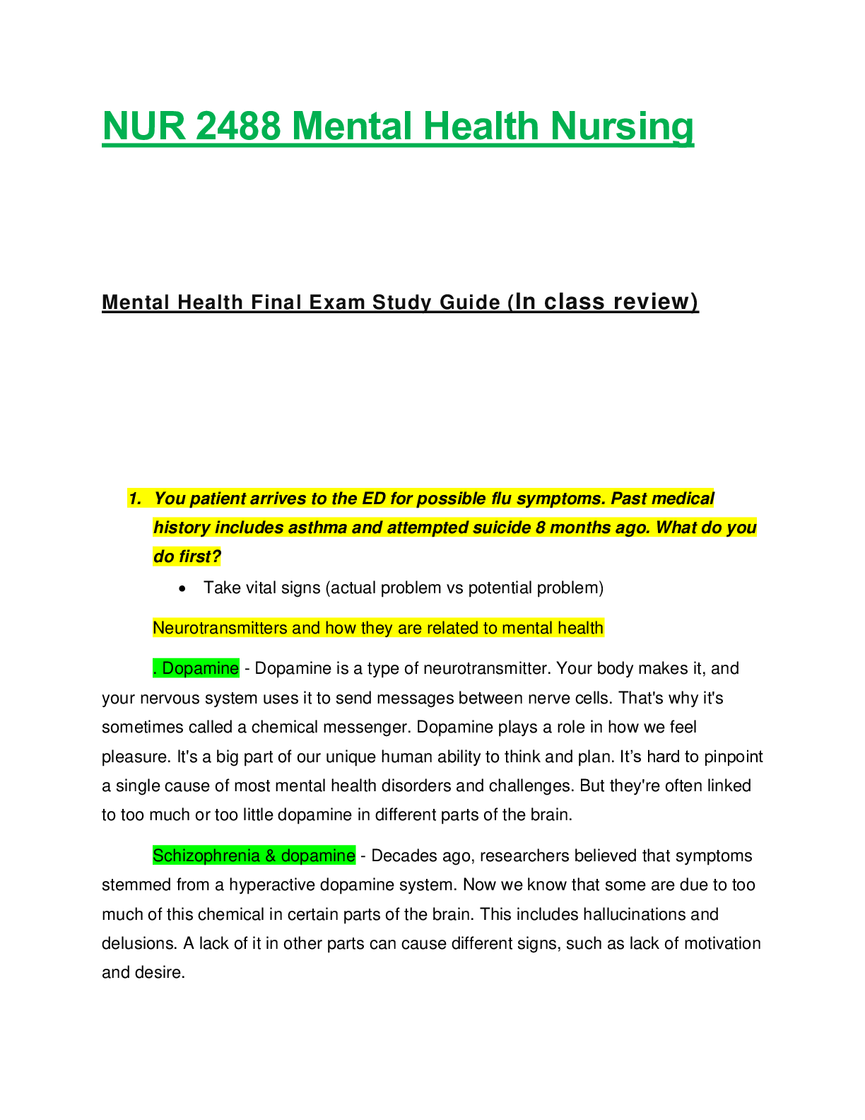 Preview of NUR2488 / NUR 2488: Mental Health Nursing Final Exam Study Guide (Latest Update) Rasmussen